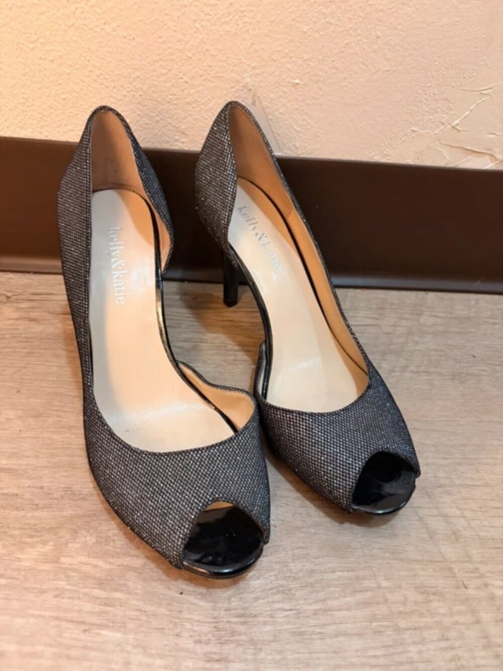 Kelly & Katie Black & Silver Peep-Toe Stiletto Heels